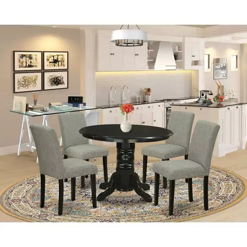 HomeStock 5-Piece Round Black Finish Solid Wood Top Dining Table with 4-Parson Chair
