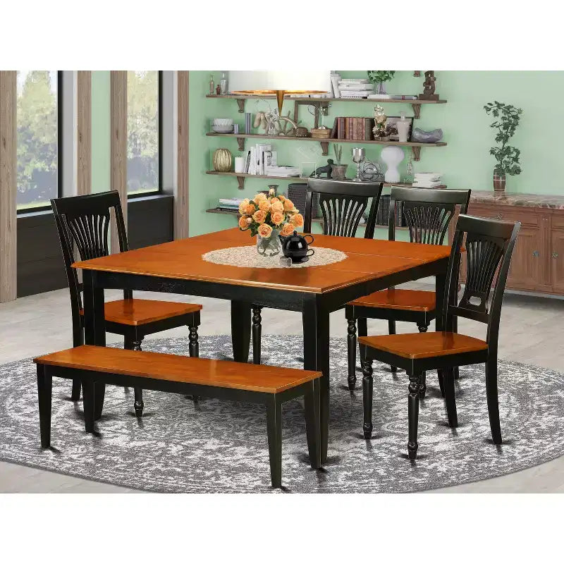 HomeStock 6-Piece Square Black & Cherry Finish Solid Wood Top dining Table with 1-Bench and 4-Chairs