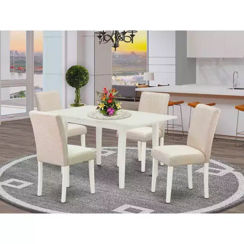 HomeStock 5-Pc Linen White Finish Solid Wood Top-Rectangular Upholstered Dining Room Set with Butterfly Leaf-Seats 4