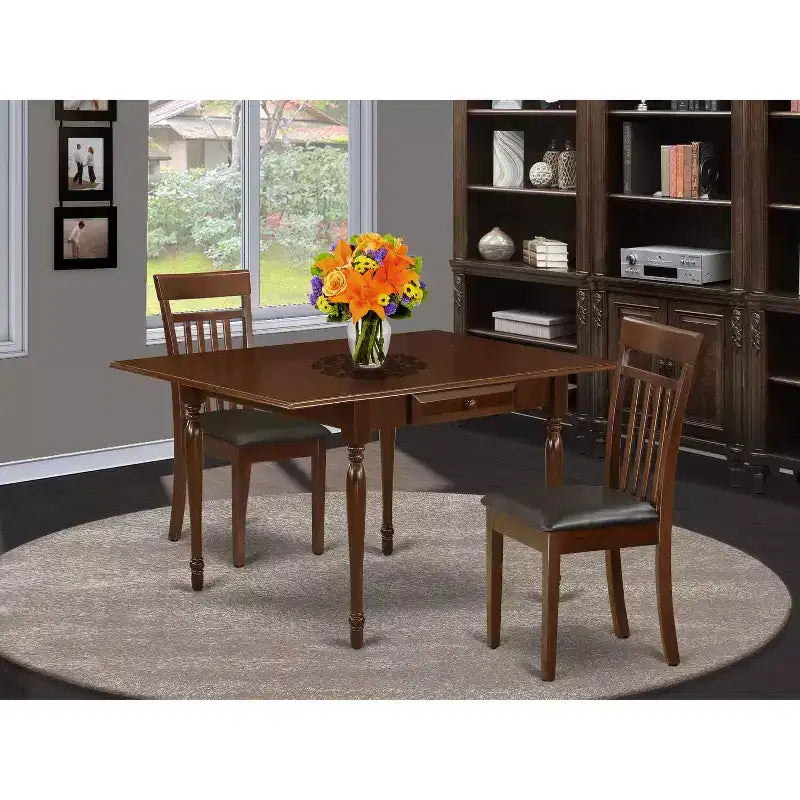 HomeStock 3-Piece Mahogany Finish Solid Wood Top with Dropleaf Dining Table Set