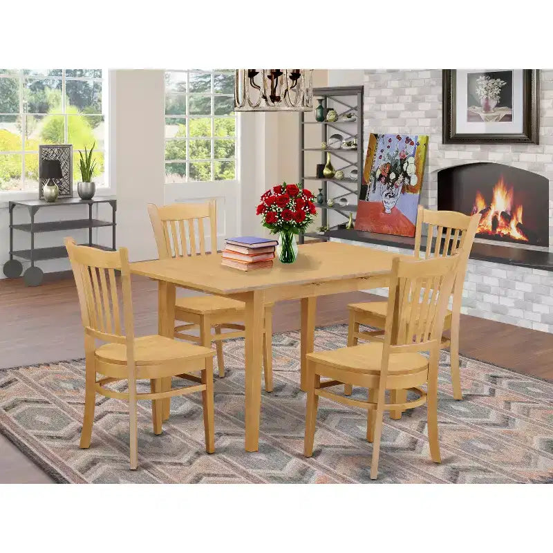 HomeStock 5-Piece Rectangle Natural Oak Finish Solid Wood Top Dining Table with 4 Chairs
