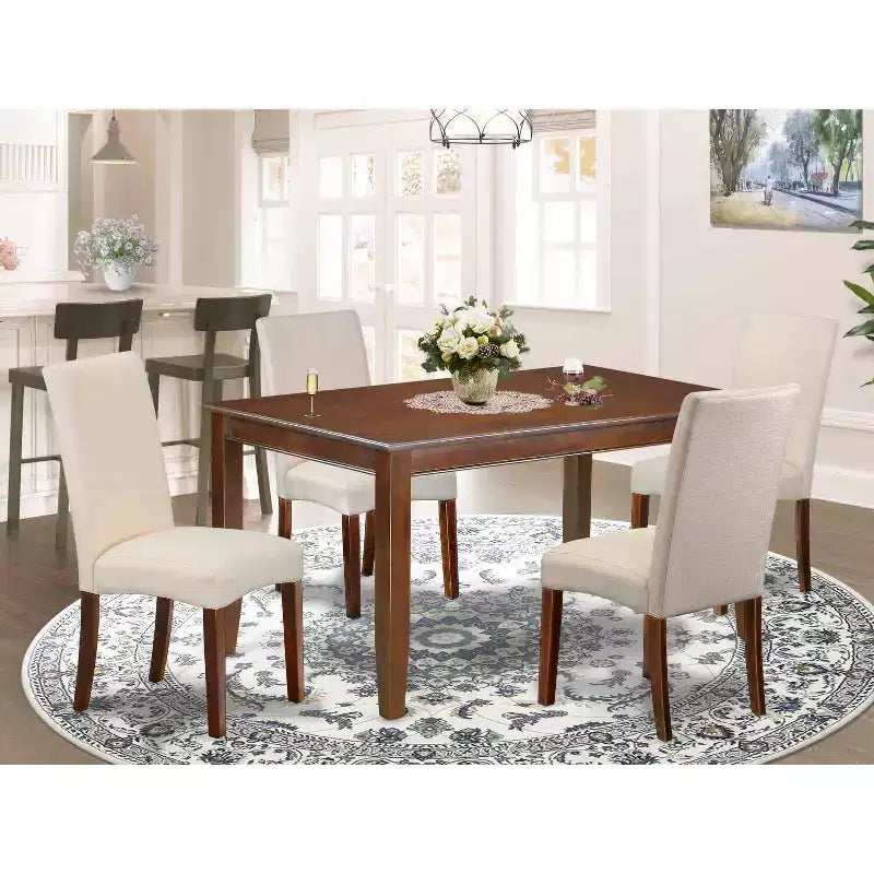 HomeStock 5-Piece Rectangle Mahogany Finish Solid Wood Top Dining Table with 4 Parson Chair