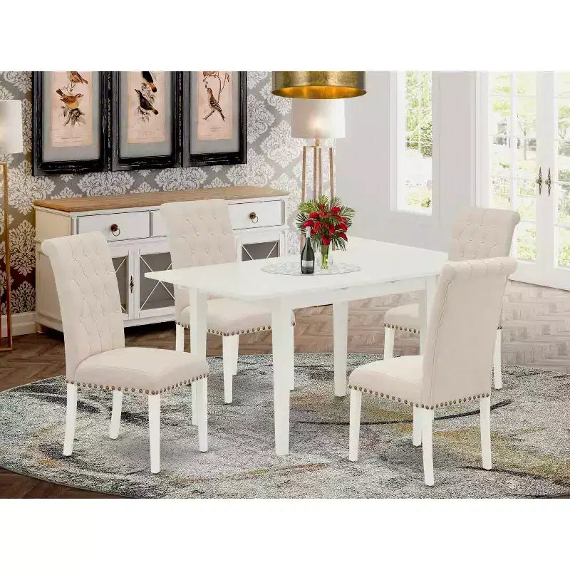 HomeStock 5-Pc Linen White Finish Solid Wood Top - Rectangular Button Tufted Dining Room Set with Butterfly Leaf - Seats 4