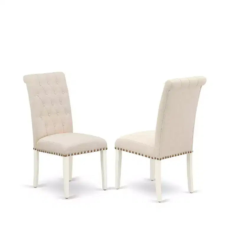 HomeStock 5-Pc Linen White Finish Solid Wood Top - Rectangular Button Tufted Dining Room Set with Butterfly Leaf - Seats 4