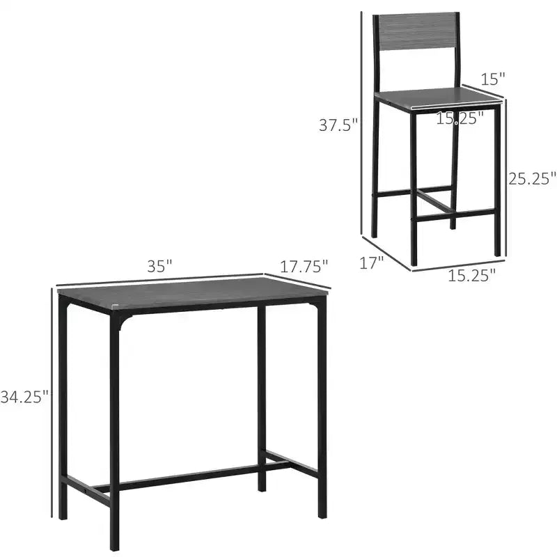 3 Piece Bar Table and Chairs, Industrial Dining Table Set for 2, Counter Height Kitchen Table with Bar stools, Breakfast Table Set for 2