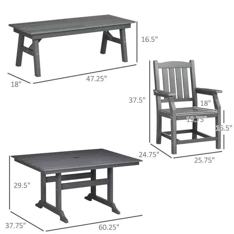 6 Pieces Patio Dining Set, 6 Seater Outdoor Table and Chairs, Conversation Furniture, Armrests, Loveseat Bench, Dinner Table with Umbrella Hole