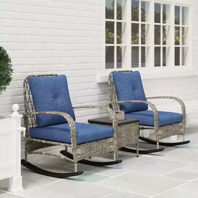 3 Piece Wicker Patio Furniture Set, Outdoor PE Rattan Rocking Chairs with Coffee Table, Cushions for Porch
