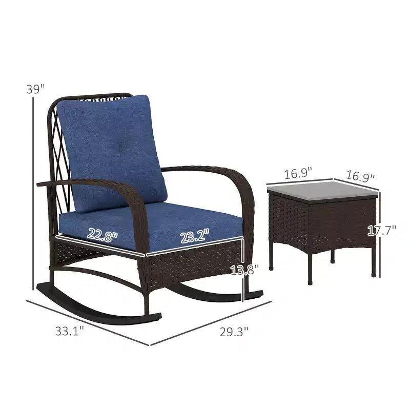 3 Piece Wicker Patio Furniture Set, Outdoor PE Rattan Rocking Chairs with Coffee Table, Cushions for Porch
