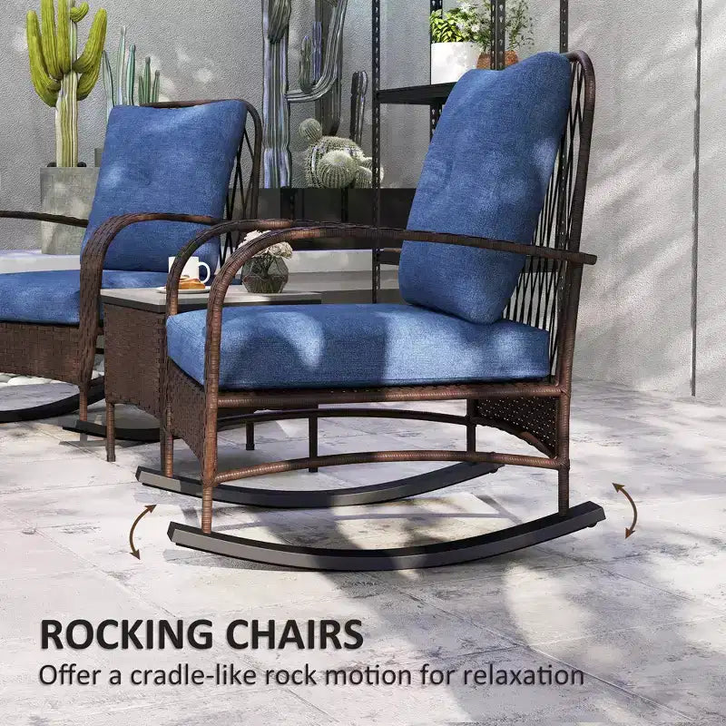 3 Piece Wicker Patio Furniture Set, Outdoor PE Rattan Rocking Chairs with Coffee Table, Cushions for Porch