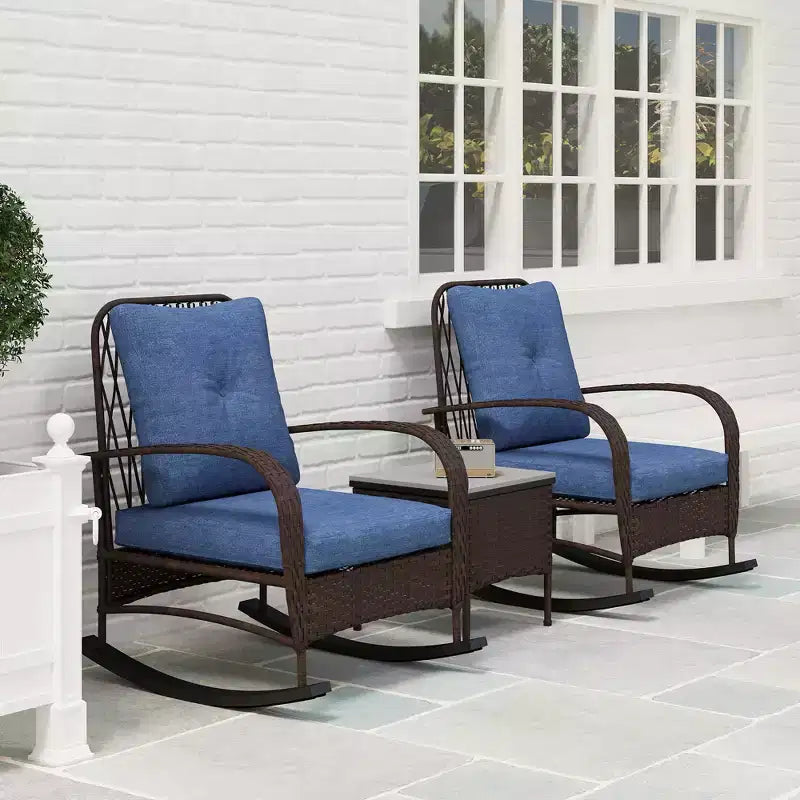 3 Piece Wicker Patio Furniture Set, Outdoor PE Rattan Rocking Chairs with Coffee Table, Cushions for Porch