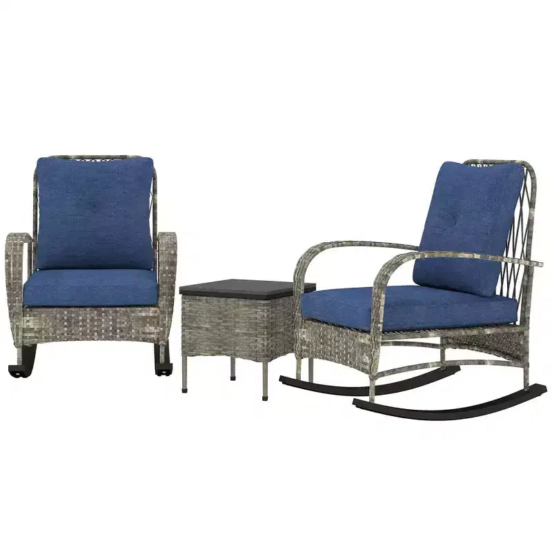 Ensemble de mobilier de patio en osier 3 pièces, chaises à bascule en rotin PE d'extérieur avec table basse, coussins pour véranda