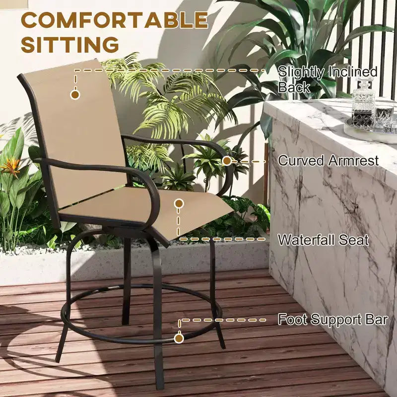 Outdoor Bar Stools Set of 2, 360 Degree Swivel Bar Height Chairs, 26.75 x 29.5 x 48.5