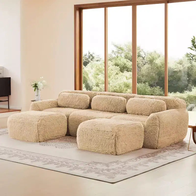114.6 inch Brown U-shaped Boneless Sectional Sofa with Throw Pillows and 2 Ottomans 32D High Density Sponge for Living Rooms