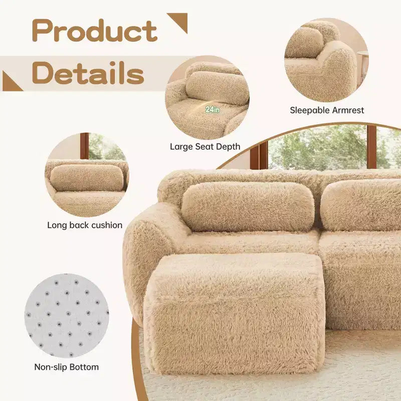 114.6 inch Brown U-shaped Boneless Sectional Sofa with Throw Pillows and 2 Ottomans 32D High Density Sponge for Living Rooms