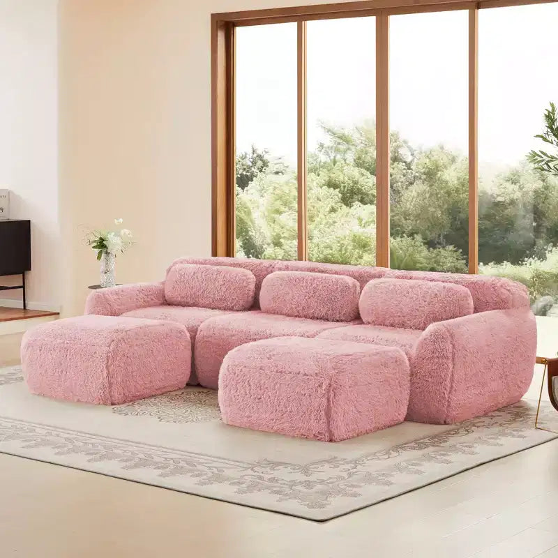 114.6 inch Brown U-shaped Boneless Sectional Sofa with Throw Pillows and 2 Ottomans 32D High Density Sponge for Living Rooms
