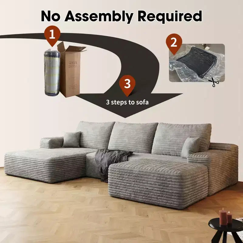 107 Inch Gray Plush Corduroy Fabric Cloud Sectional Sofa with 1 Ottoman Comfort U Shaped Sofa for Living Room