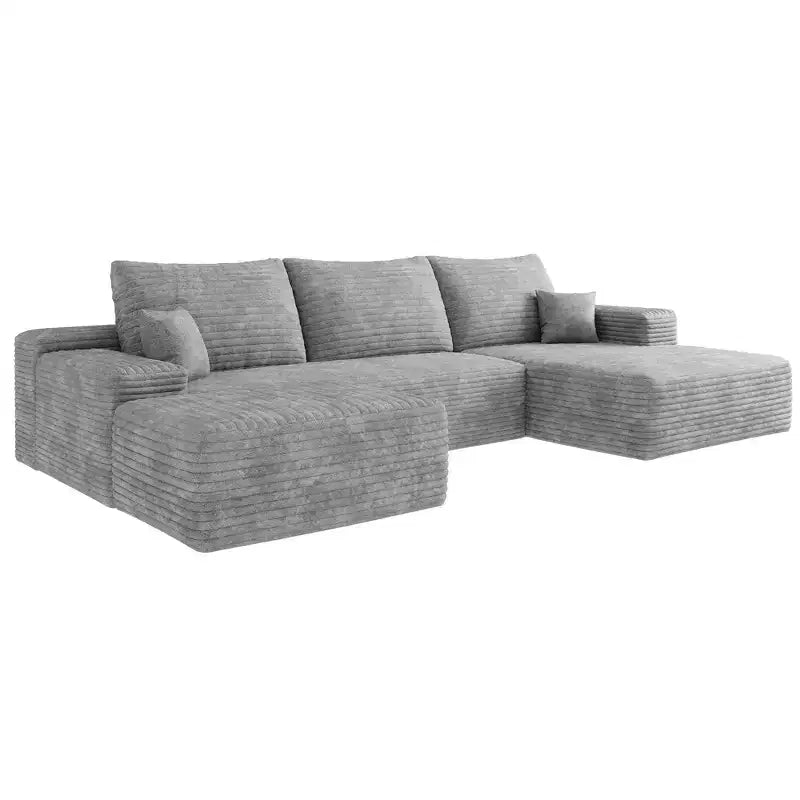 107 Inch Gray Plush Corduroy Fabric Cloud Sectional Sofa with 1 Ottoman Comfort U Shaped Sofa for Living Room
