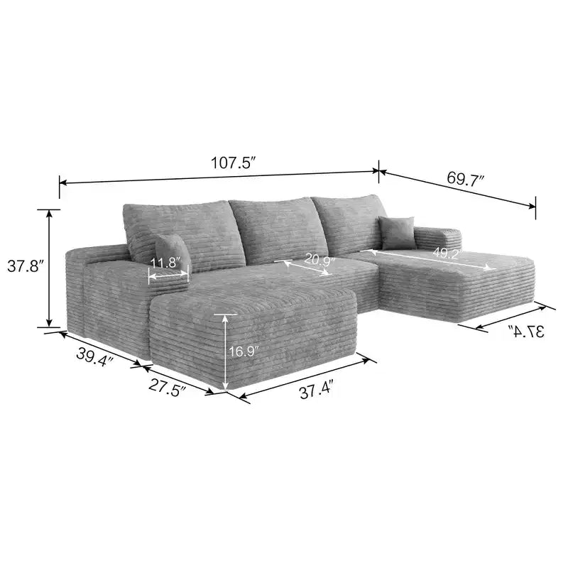 107 Inch Gray Plush Corduroy Fabric Cloud Sectional Sofa with 1 Ottoman Comfort U Shaped Sofa for Living Room