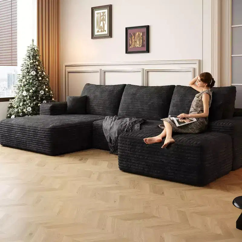 107 Inch Gray Plush Corduroy Fabric Cloud Sectional Sofa with 1 Ottoman Comfort U Shaped Sofa for Living Room