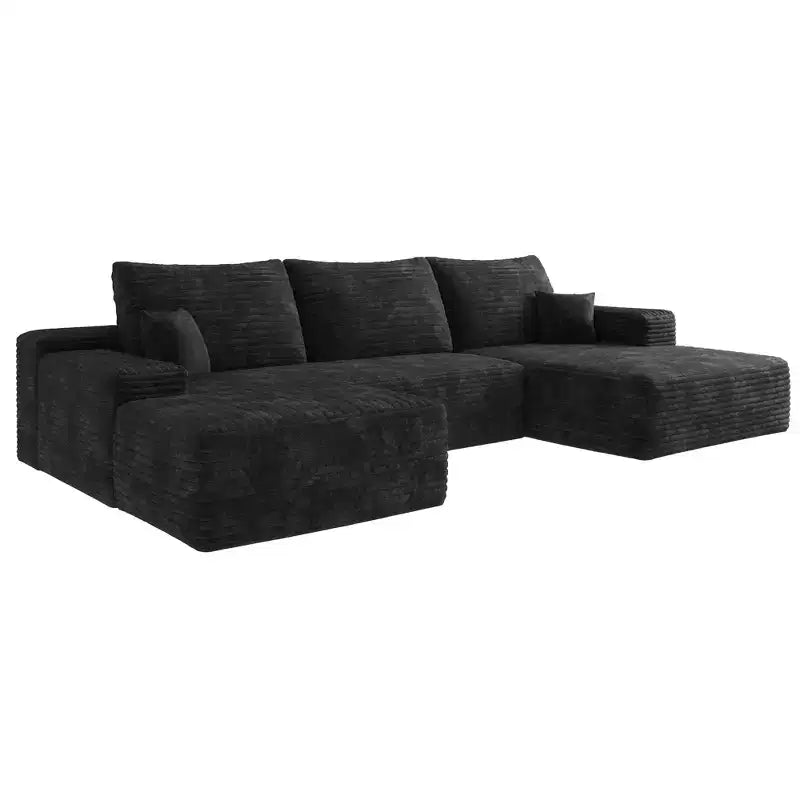 107 Inch Gray Plush Corduroy Fabric Cloud Sectional Sofa with 1 Ottoman Comfort U Shaped Sofa for Living Room