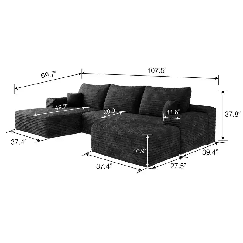 107 Inch Gray Plush Corduroy Fabric Cloud Sectional Sofa with 1 Ottoman Comfort U Shaped Sofa for Living Room