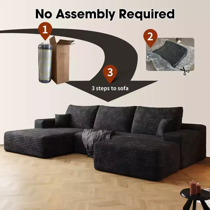 107 Inch Gray Plush Corduroy Fabric Cloud Sectional Sofa with 1 Ottoman Comfort U Shaped Sofa for Living Room