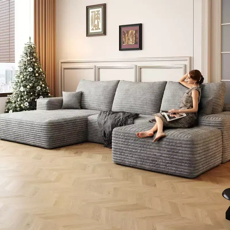 107 Inch Gray Plush Corduroy Fabric Cloud Sectional Sofa with 1 Ottoman Comfort U Shaped Sofa for Living Room