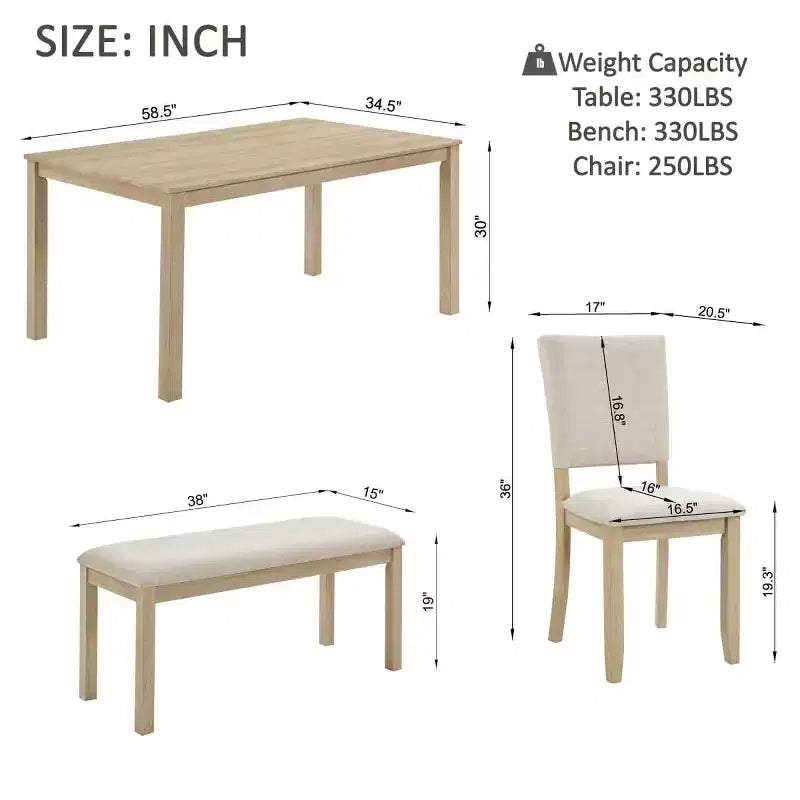 6-Piece Modern Wood Dining Table Set with Bench and 4 Upholstered Chairs, Modern Rectangular Kitchen Table Set for Dining Room - Panipeachy