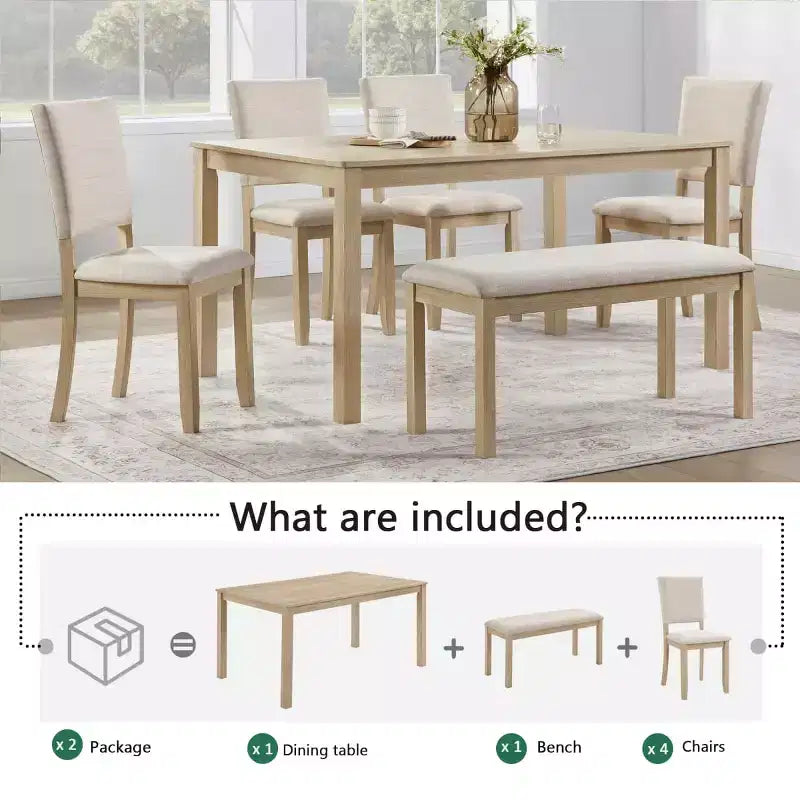 6-Piece Modern Wood Dining Table Set with Bench and 4 Upholstered Chairs, Modern Rectangular Kitchen Table Set for Dining Room - Panipeachy