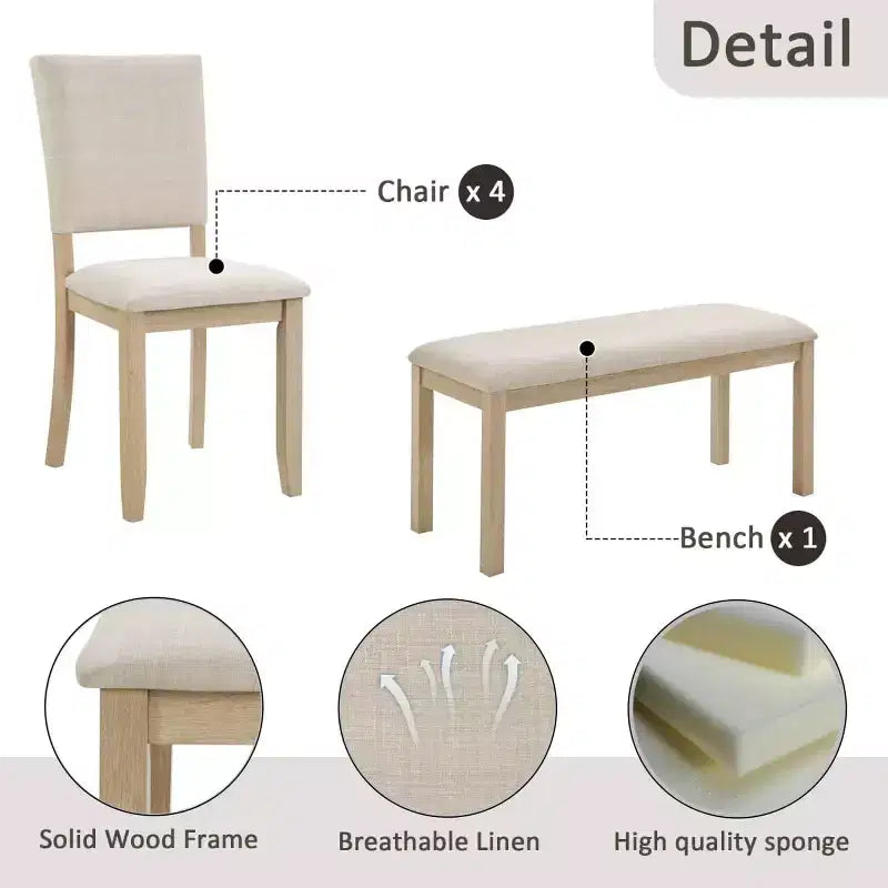 6-Piece Modern Wood Dining Table Set with Bench and 4 Upholstered Chairs, Modern Rectangular Kitchen Table Set for Dining Room - Panipeachy