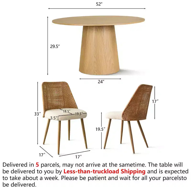 7-Piece Round Dining Table Set for 6 Oak Wood Dining Table and Boucle Rattan Dining Chairs for Kitchen Dining Room Farmhouse-Panipeachy