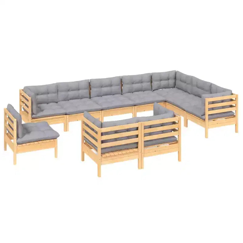 vidaXL Solid Pinewood Patio Lounge Set 10 Piece with Cushions Multi Colors - Brown and Gray