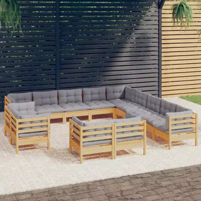 vidaXL Solid Pinewood Patio Lounge Set 13 Piece with Cushions Multi Colors - Brown and Gray