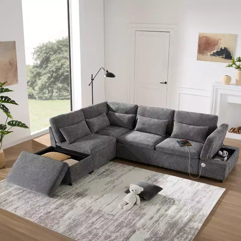 GDFStudio Nathan Modern 107 Chenille L-Shaped Pull-Out Sectional Sofa with Storage Ottoman and Adjustable Armrest Console with Charging Ports