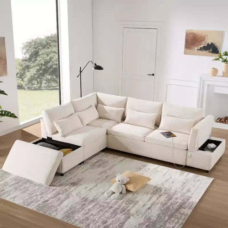 GDFStudio Nathan Modern 107 Chenille L-Shaped Pull-Out Sectional Sofa with Storage Ottoman and Adjustable Armrest Console with Charging Ports