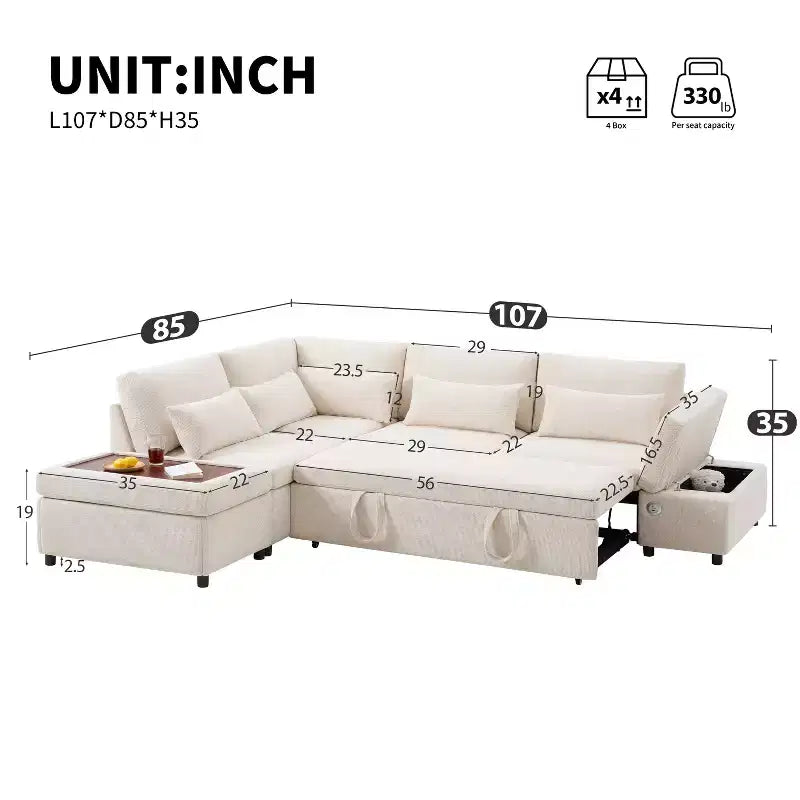 GDFStudio Nathan Modern 107 Chenille L-Shaped Pull-Out Sectional Sofa with Storage Ottoman and Adjustable Armrest Console with Charging Ports