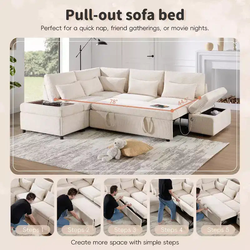 GDFStudio Nathan Modern 107 Chenille L-Shaped Pull-Out Sectional Sofa with Storage Ottoman and Adjustable Armrest Console with Charging Ports