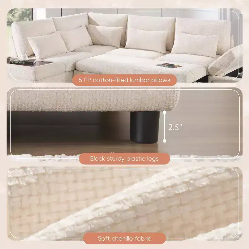 GDFStudio Nathan Modern 107 Chenille L-Shaped Pull-Out Sectional Sofa with Storage Ottoman and Adjustable Armrest Console with Charging Ports