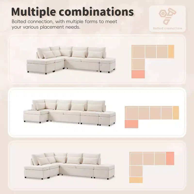 GDFStudio Nathan Modern 107 Chenille L-Shaped Pull-Out Sectional Sofa with Storage Ottoman and Adjustable Armrest Console with Charging Ports