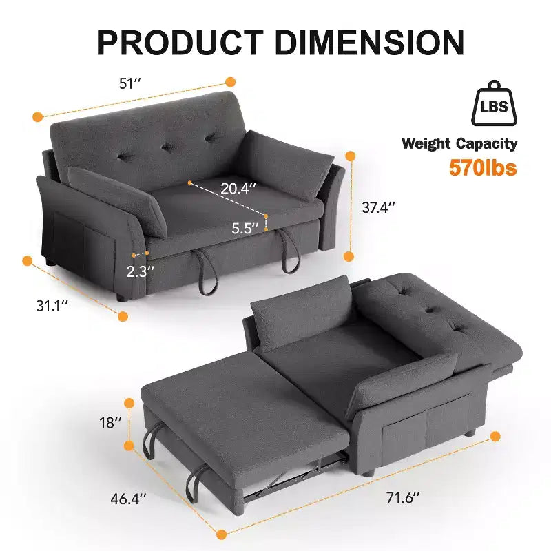 Dyonery 51 Sleeper Sofa Bed Couch with Side Pocket, Small 2 in 1 Convertible Loveseat Sleeper Couch for Apartment,Bedroom and Small Space