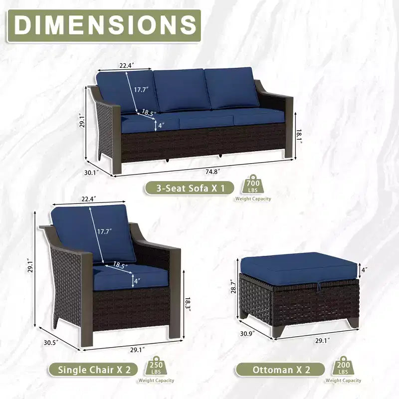 UPTIOT Outdoor Patio Set with 3-Seat Sofa, 2 Rocking Chairs, and 2 Ottomans