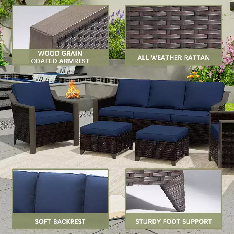 UPTIOT Outdoor Patio Set with 3-Seat Sofa, 2 Rocking Chairs, and 2 Ottomans