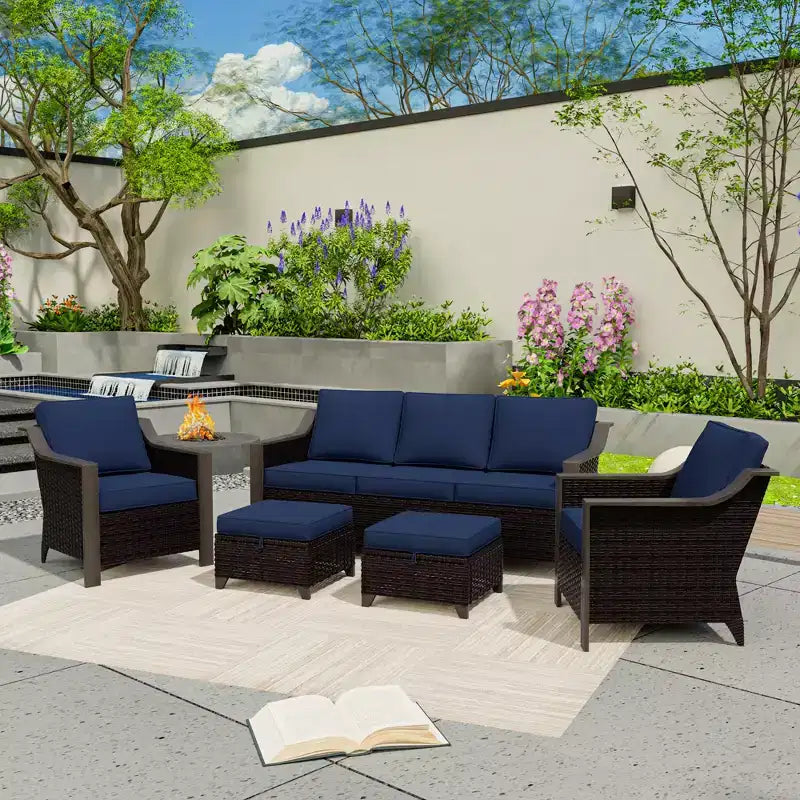 UPTIOT Outdoor Patio Set with 3-Seat Sofa, 2 Rocking Chairs, and 2 Ottomans