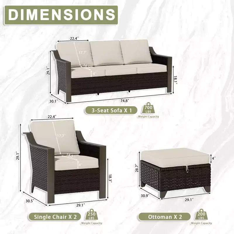 UPTIOT Outdoor Patio Set with 3-Seat Sofa, 2 Rocking Chairs, and 2 Ottomans