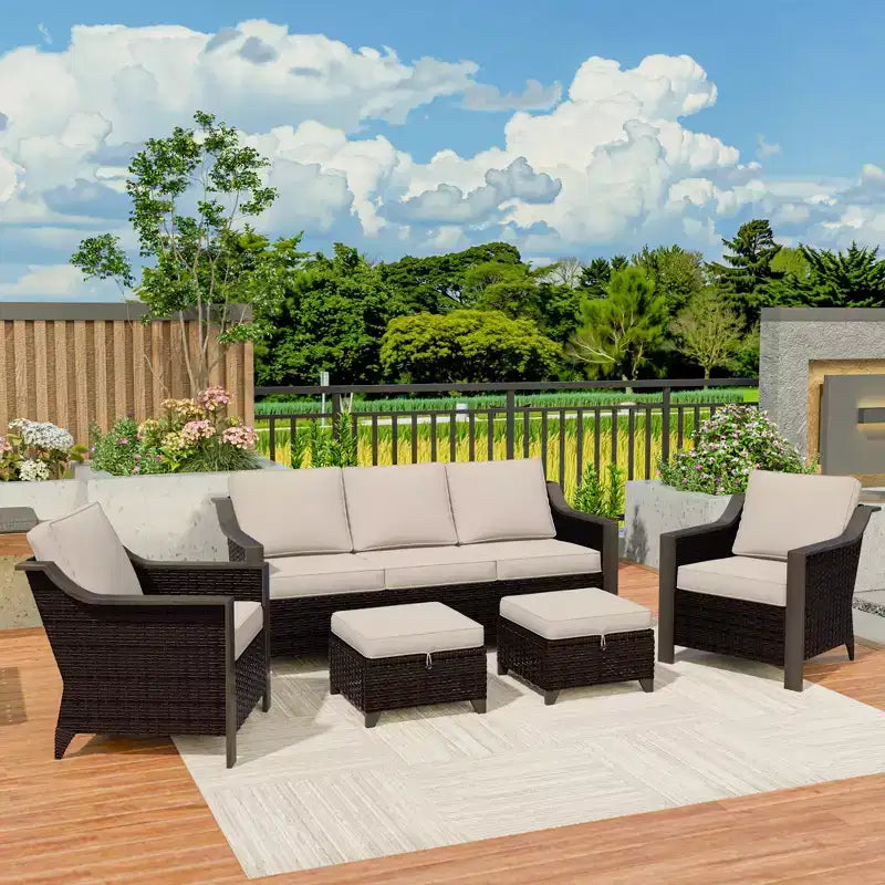 UPTIOT Outdoor Patio Set with 3-Seat Sofa, 2 Rocking Chairs, and 2 Ottomans