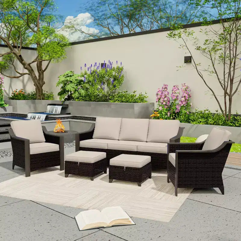 UPTIOT Outdoor Patio Set with 3-Seat Sofa, 2 Rocking Chairs, and 2 Ottomans