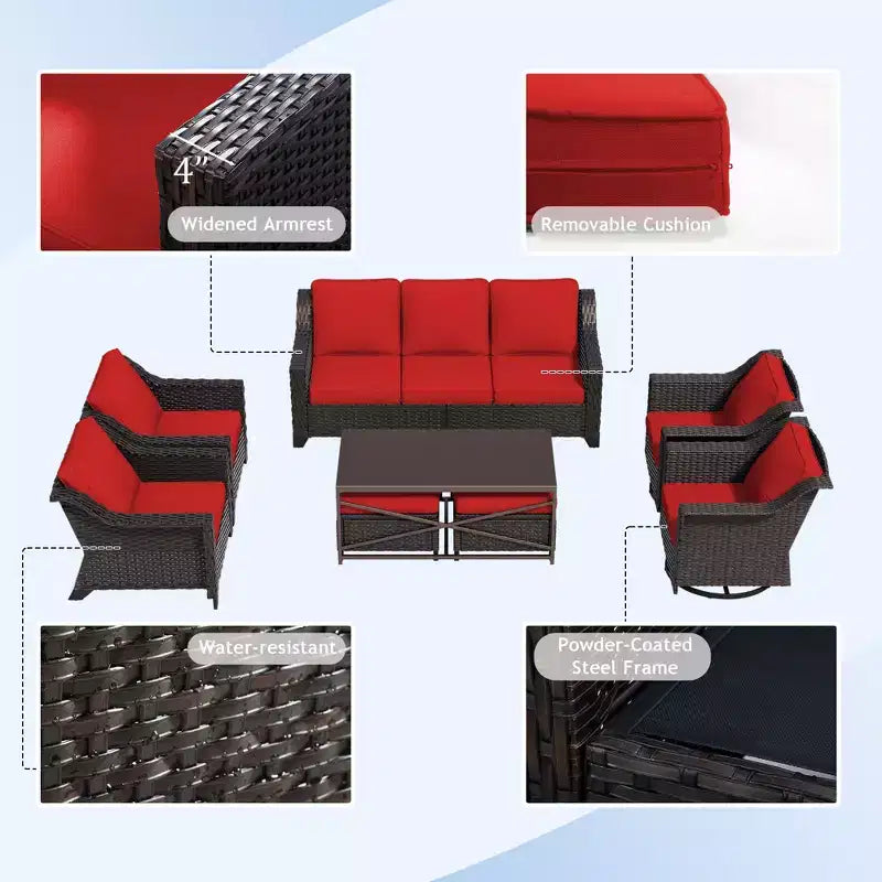 UPTIOT 8-Piece Premium Outdoor Set: 3-Seat Sofa, 2 Single Chairs, 2 Swivel Chairs, 2 Ottomans & Coffee Table