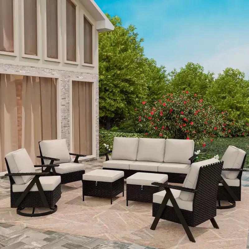 UPTIOT Outdoor 7-Piece Seating Set: 3-Seater Sofa, 2 Swivel Rockers, 2 Single Chairs & 2 Ottomans for Patio Comfort