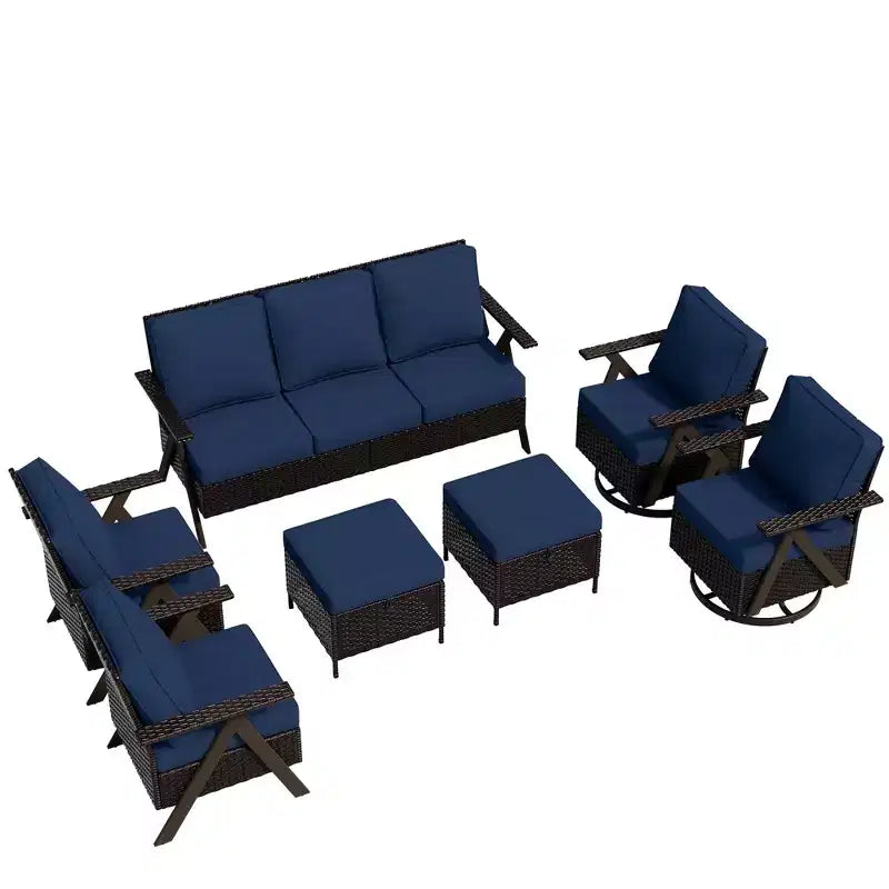 UPTIOT Outdoor 7-Piece Seating Set: 3-Seater Sofa, 2 Swivel Rockers, 2 Single Chairs & 2 Ottomans for Patio Comfort