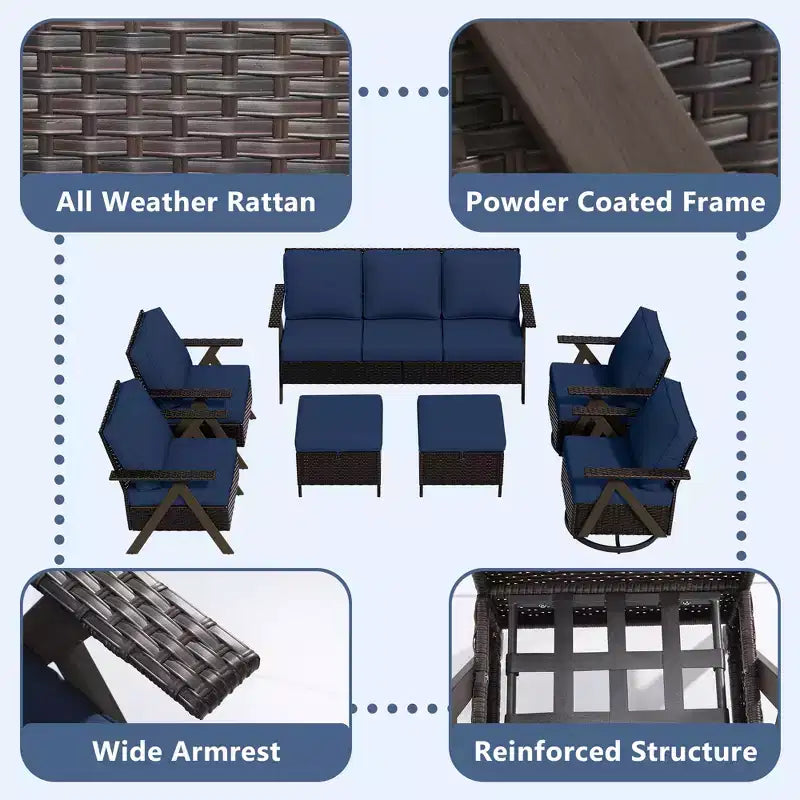 UPTIOT Outdoor 7-Piece Seating Set: 3-Seater Sofa, 2 Swivel Rockers, 2 Single Chairs & 2 Ottomans for Patio Comfort